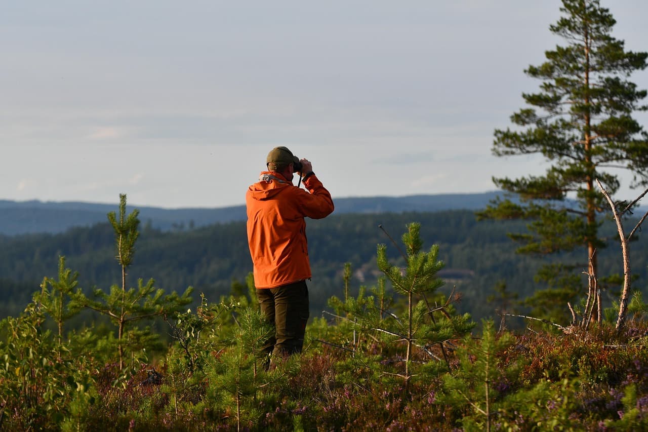 Person som står på ett berg med kikare